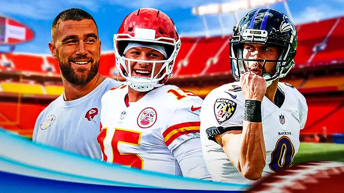 Travis Kelce and Patrick Mahomes laughing. Justin Tucker. Ravens stadium in the background