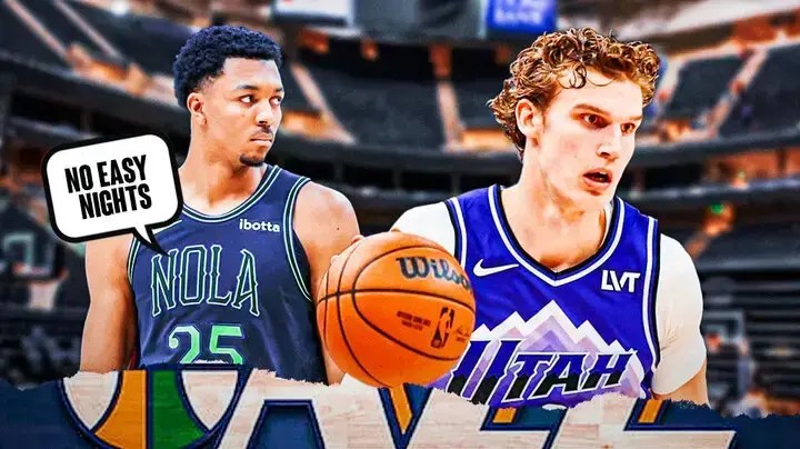 Jazz F Lauri Markkanen on one side. On the other is Pelicans' Trey Murphy with a word bubble saying “No Easy Nights”