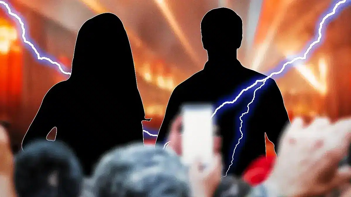 Male and female silhouettes with lightning bolts striking around them