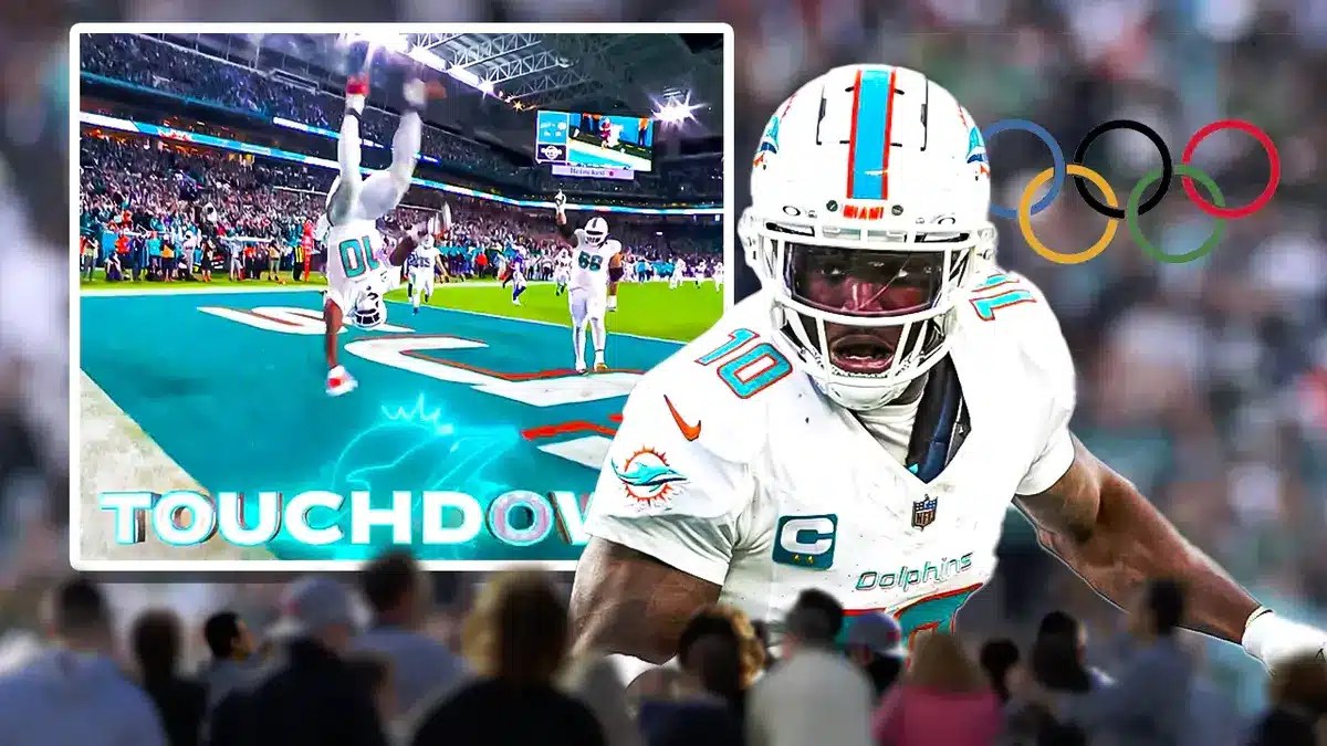 Tyreek Hill (Dolphins) with Olympics symbol in the background