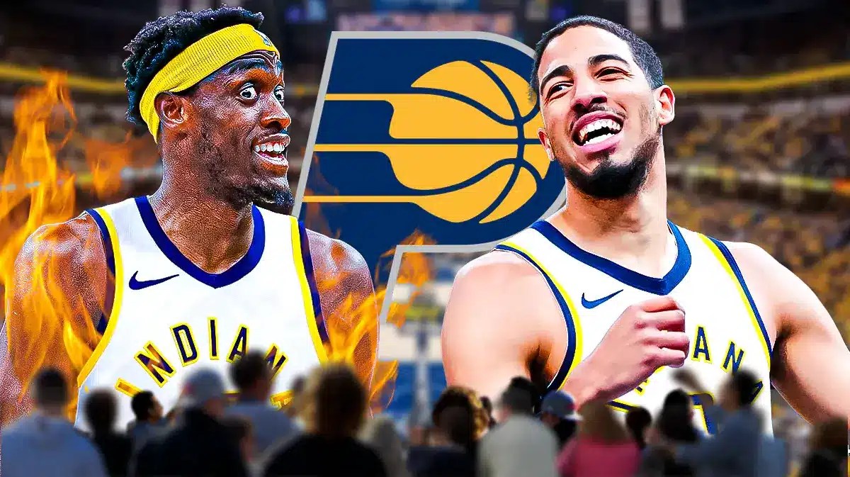 Tyrese Haliburton and Pascal Siakam smiling in Pacers jerseys, Raptors fans looking at Pascal Siakam after his trade