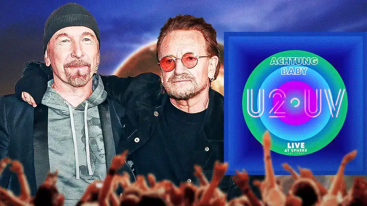 The Edge and Bono in front of Sphere with U2:UV logo.