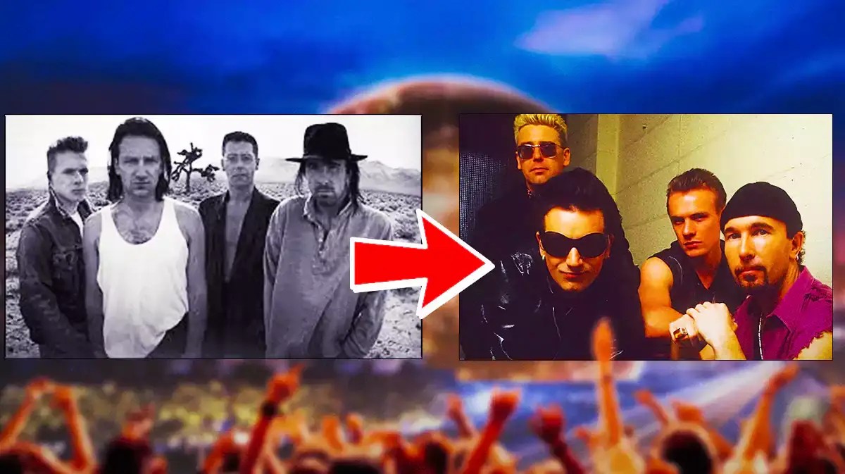 U2 in their Joshua Tree era with arrow pointing at Achtung Baby era with MSG Sphere background.