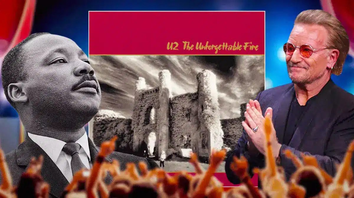 Martin Luther King Jr. and Bono in front of U2 The Unforgettable Fire with "MLK" song.