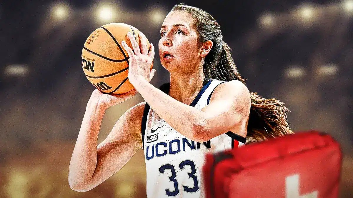 UConn women’s basketball player Caroline Ducharme, with the medical red cross symbol