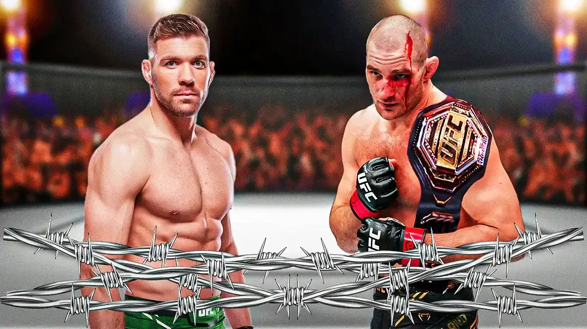 Photo: Sean Strickland with bloody face, carrying the championship belt, with Dricus Du Plessis next to him