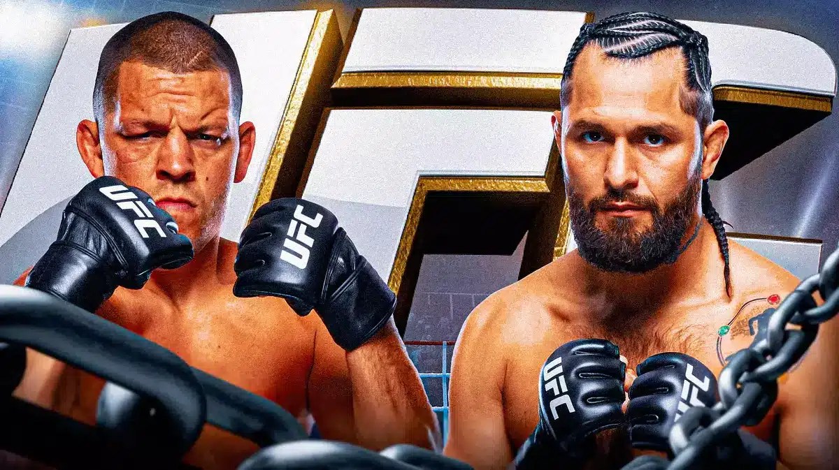 Nate Diaz facing off Jorge Masvidal the UFC logo behind them
