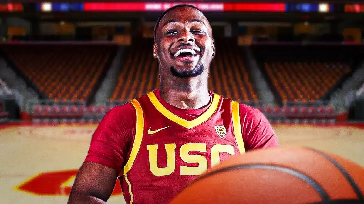 USC basketball, Trojans, Bronny James, Andy Enfield, Arizona basketball, Bronny James in USC basketball uni with USC basketball arena in the background