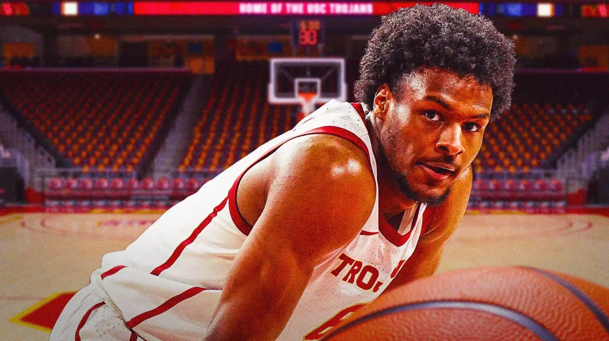 USC basketball, Trojans, Andy Enfield, Washington State basketball, Bronny James, Bronny James in USC uni with USC basketball arena in the background