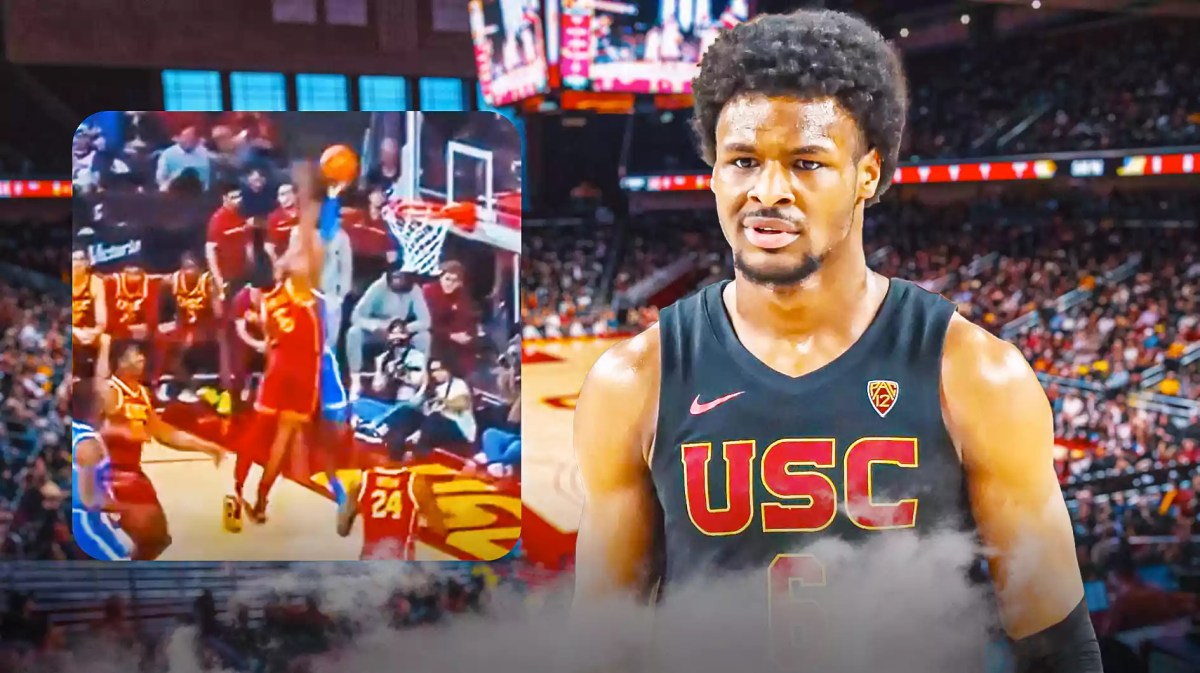 Bronny James looking hyped with the USC arena in the background, also include a screenshot of the block from the link