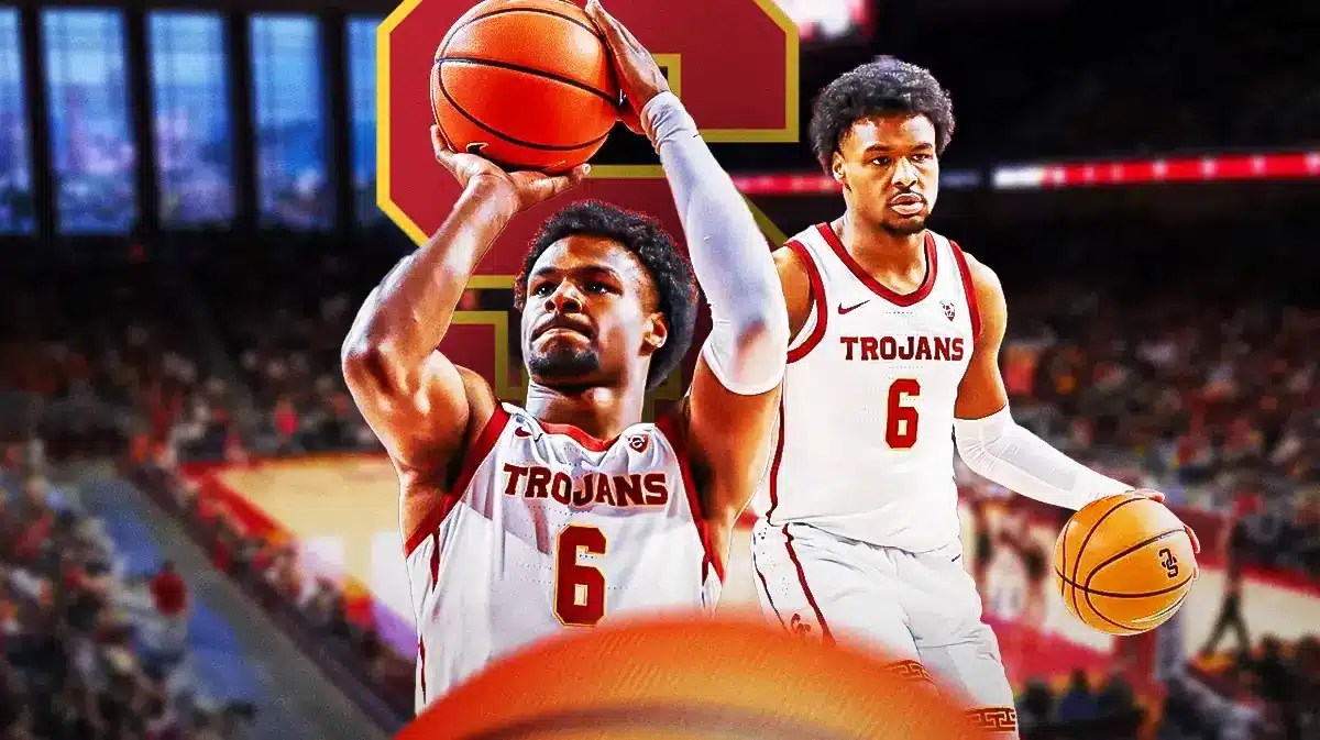 USC basketball’s Bronny James shooting a basketball. Place the USC basketball logo in background.