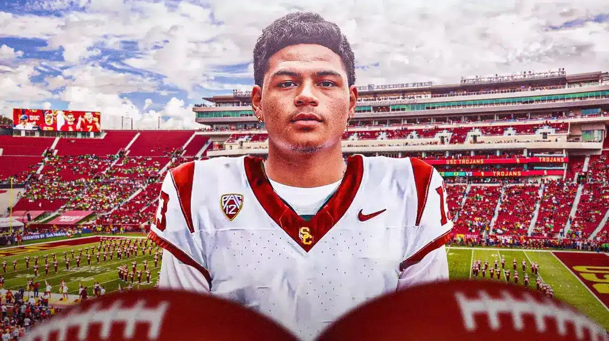 Quarterback Jayden Maiava in a USC football uniform.