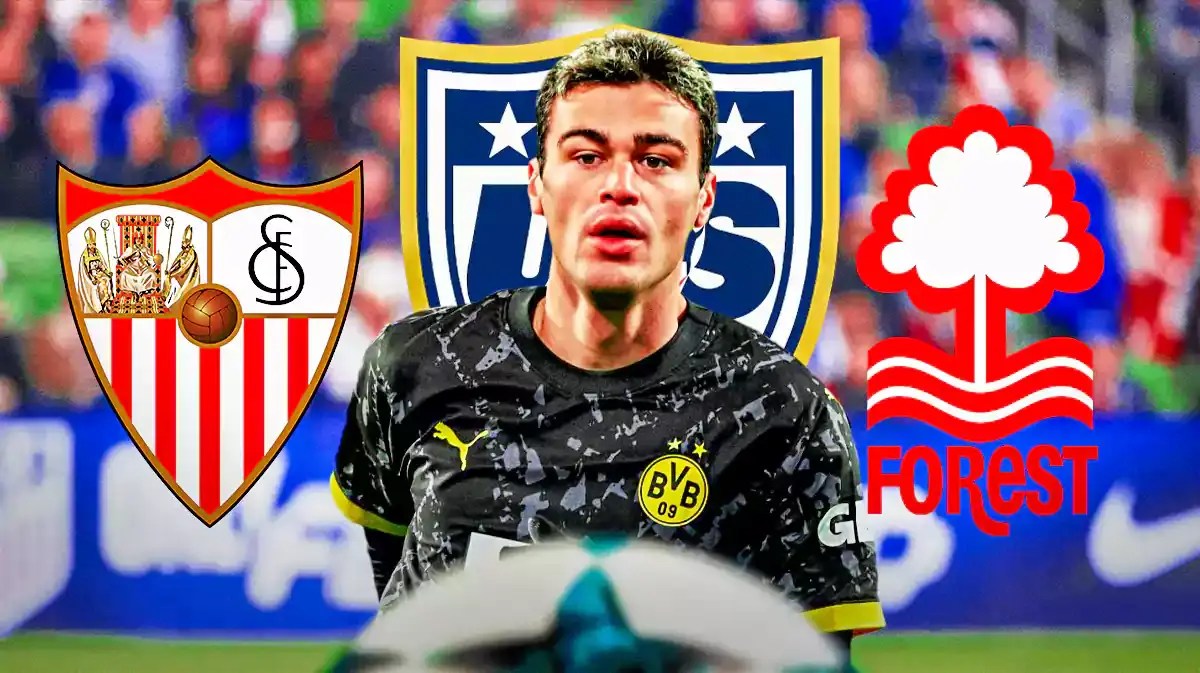 Gio Reyna in front of the USMNT, Sevilla, Nottingham Forest logos