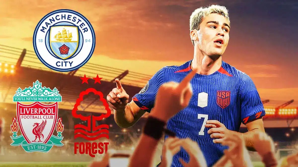 Gio Reyna celebrating in front of the Manchester City, Liverpool, Nottingham Forest logos, USMNT