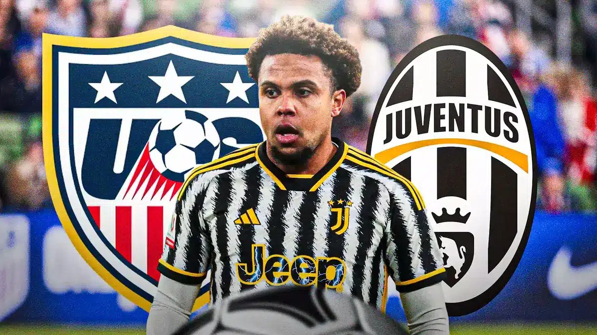 Weston McKennie in front of the USMNT and Juventus logos