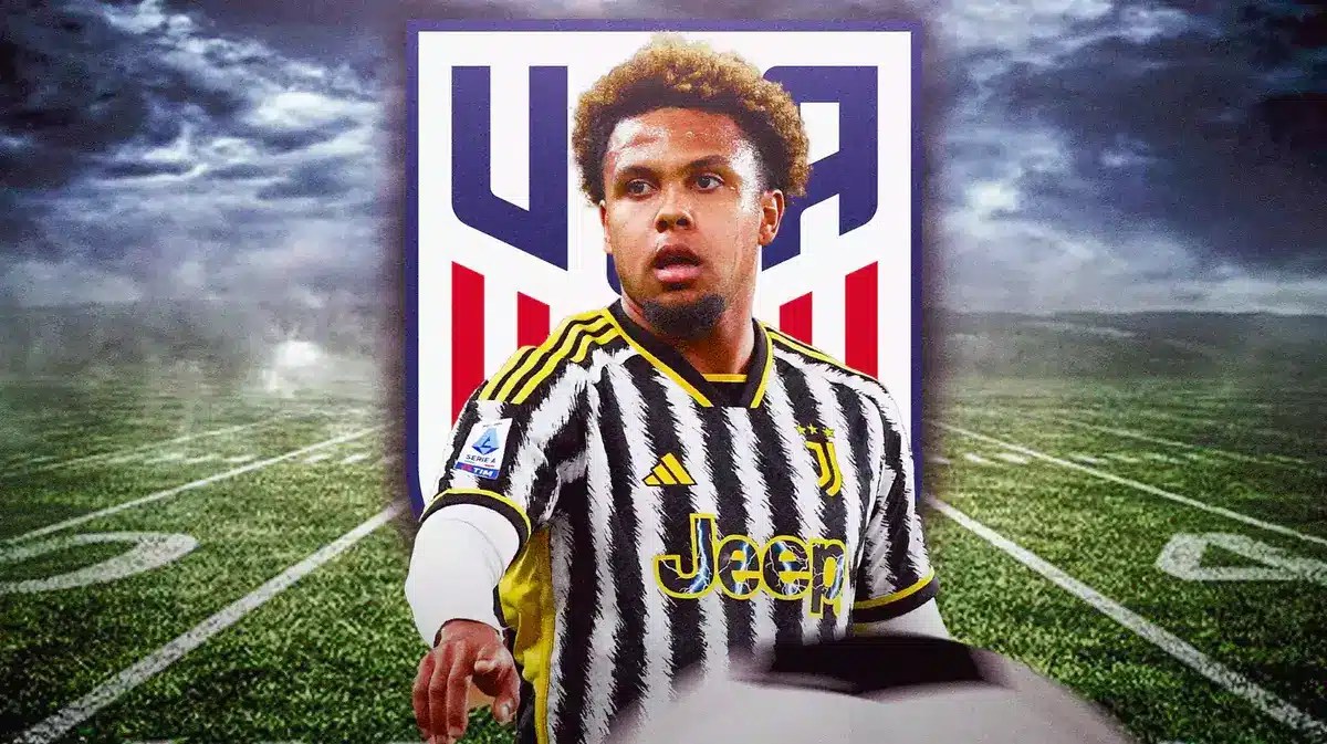 Weston McKennie saying ‘Step forward’ in front of the USMNT logo