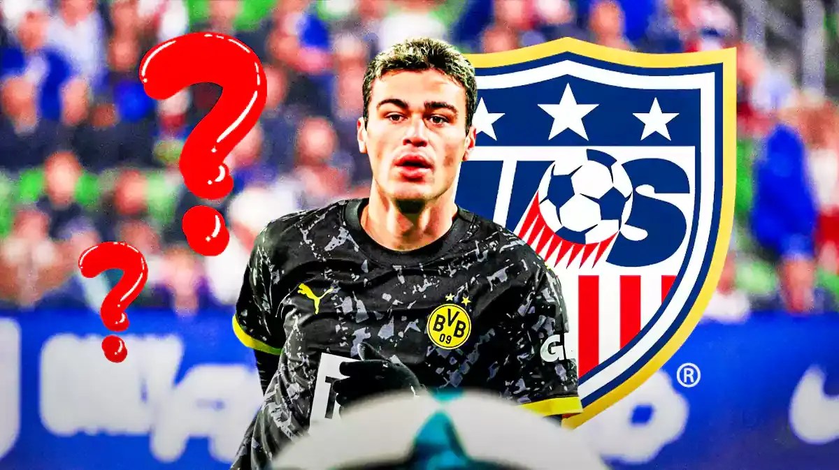 Gio Reyna in front of the USMNT logo, questionmarks in the air