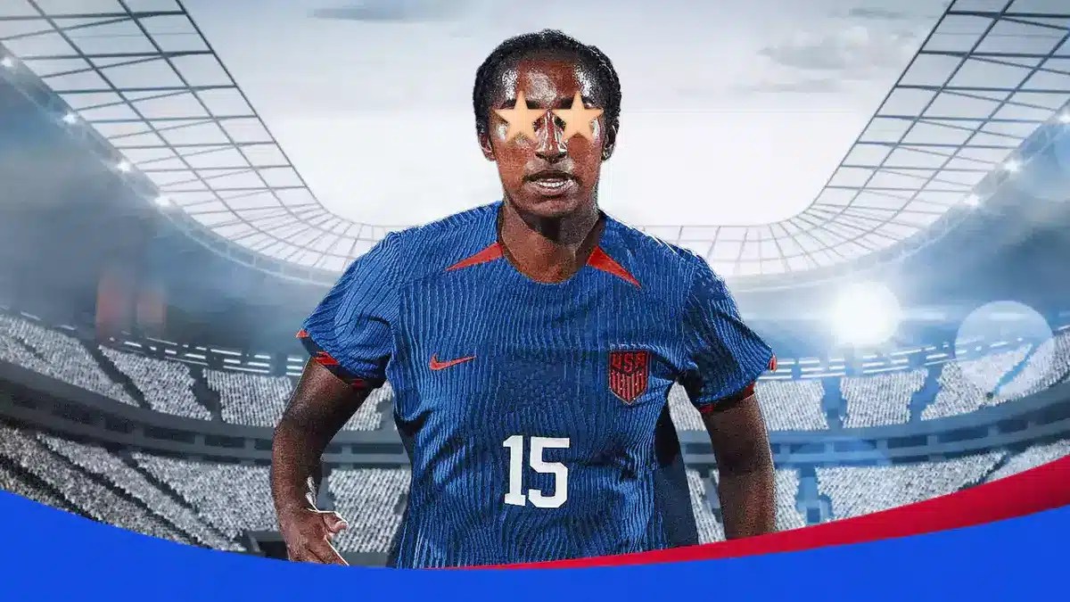 USWNT player Naomi Girma with stars in her eyes, in her soccer uniform on a soccer field, with stars and sparkles behind her