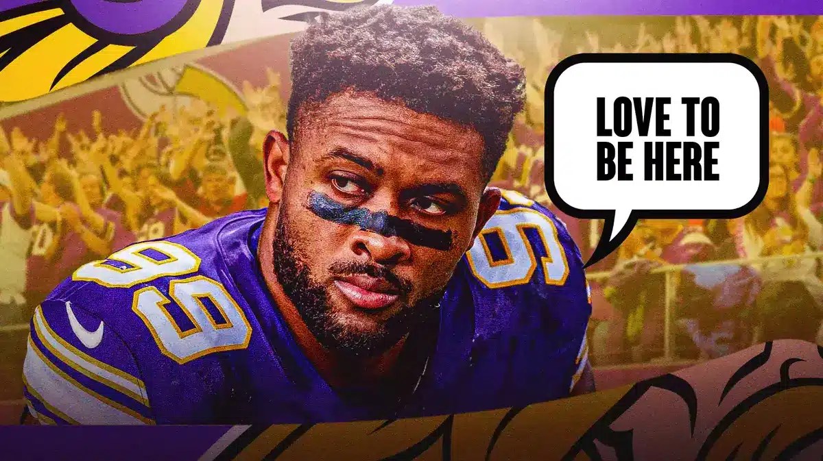 Minnesota Vikings' Danielle Hunter and speech bubble “Love To Be Here”