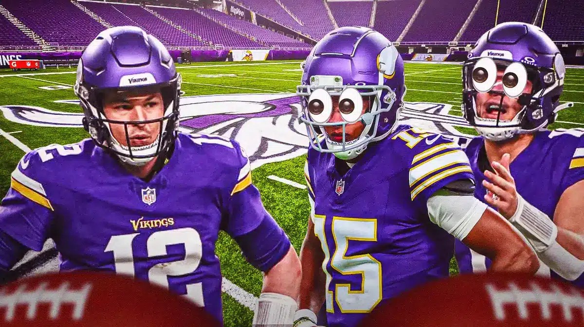 Nick Mullens on one side, Jaren Hall and Joshua Dobbs on the other side with the big eyes emoji over their faces (Minnesota Vikings)