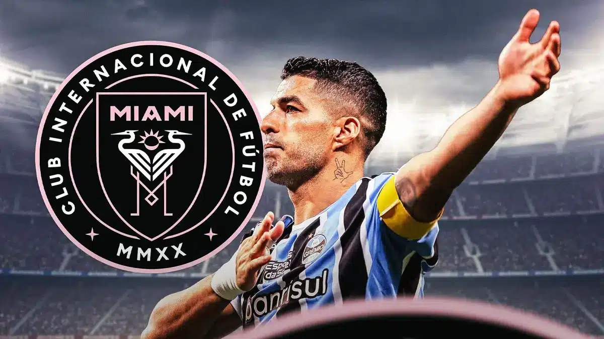 Luis Suarez celebrating in front of the Inter Miami logo