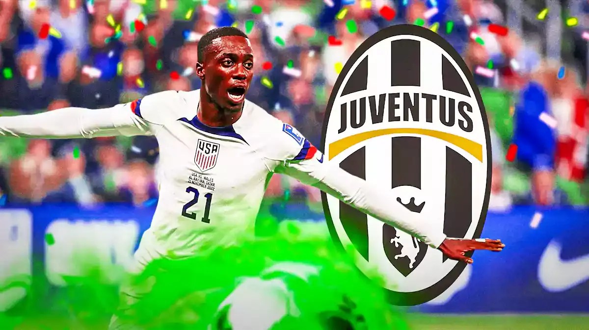 Tim Weah celebrating in front of the Juventus logo USMNT