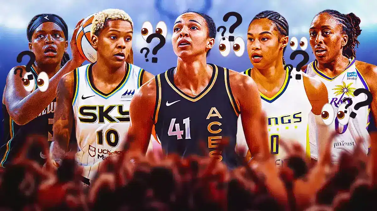 WNBA players Nneka Ogwumike, Satou Sabally of the Dallas Wings, Kiah Stokes of the Las Vegas Aces, Courtney Williams of the Chicago Sky, and Jonquel Jones of the New York Liberty, also all in their uniforms with question marks and this emoji 👀 around them