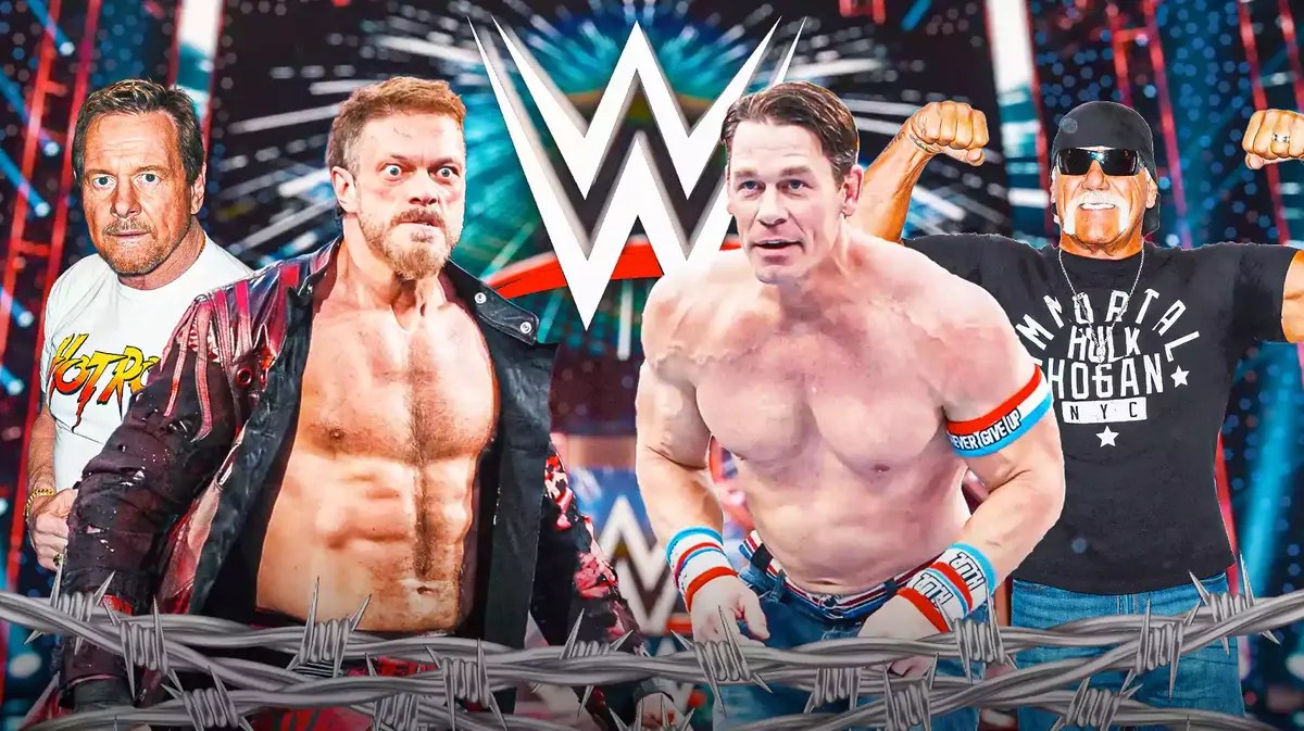 Adam Copeland and Roddy Piper on the left with John Cena and Hulk Hogan on the right with the WWE logo as the background.
