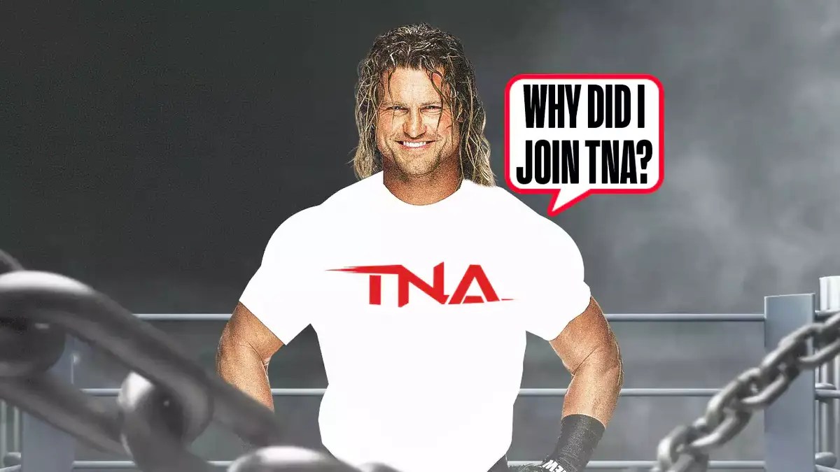 Dolph Ziggler wearing a TNA Wrestling shirt with a text bubble reading “Why did I join TNA?” with the TNA wrestling log as the background.