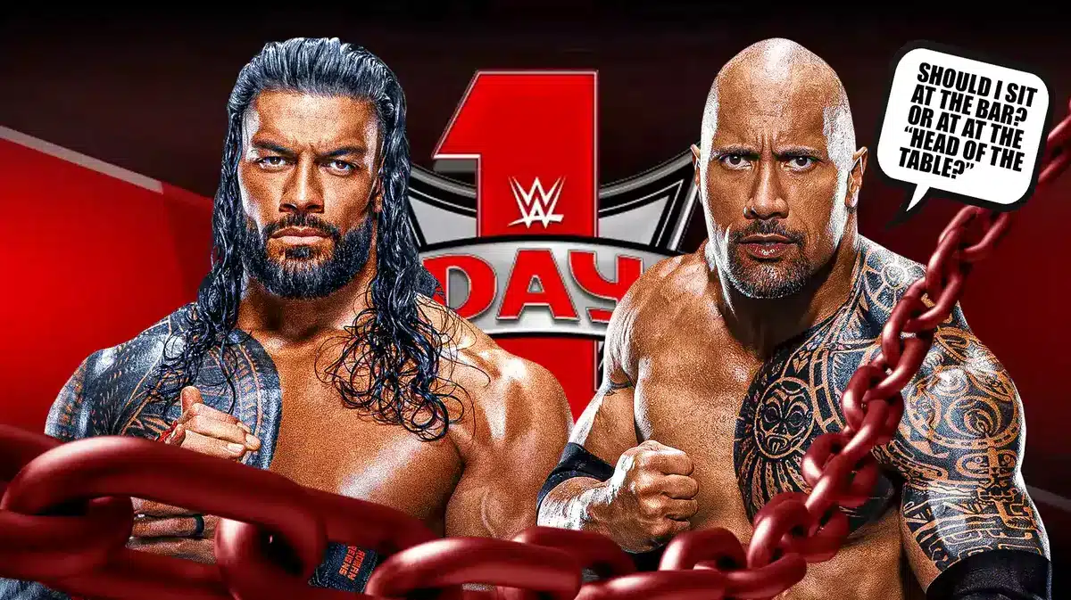 Dwayne “The Rock” Johnson with a text bubble reading “Should I sit at the bar? Or at at the “Head of the Table?” “ next to Roman Reigns with the RAW Day 1 logo as the background.