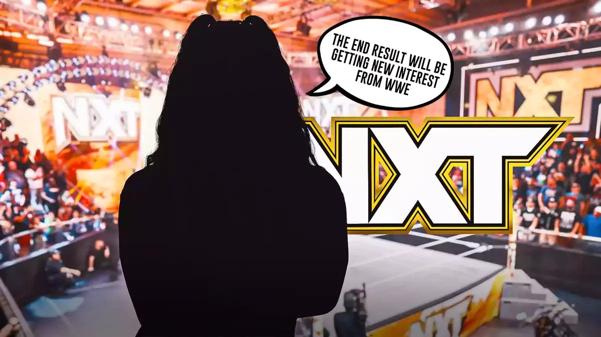 The blacked-out silhouette of Steph De Lander with a text bubble reading “The end result will be getting new interest from WWE” with the NXT logo as the background.