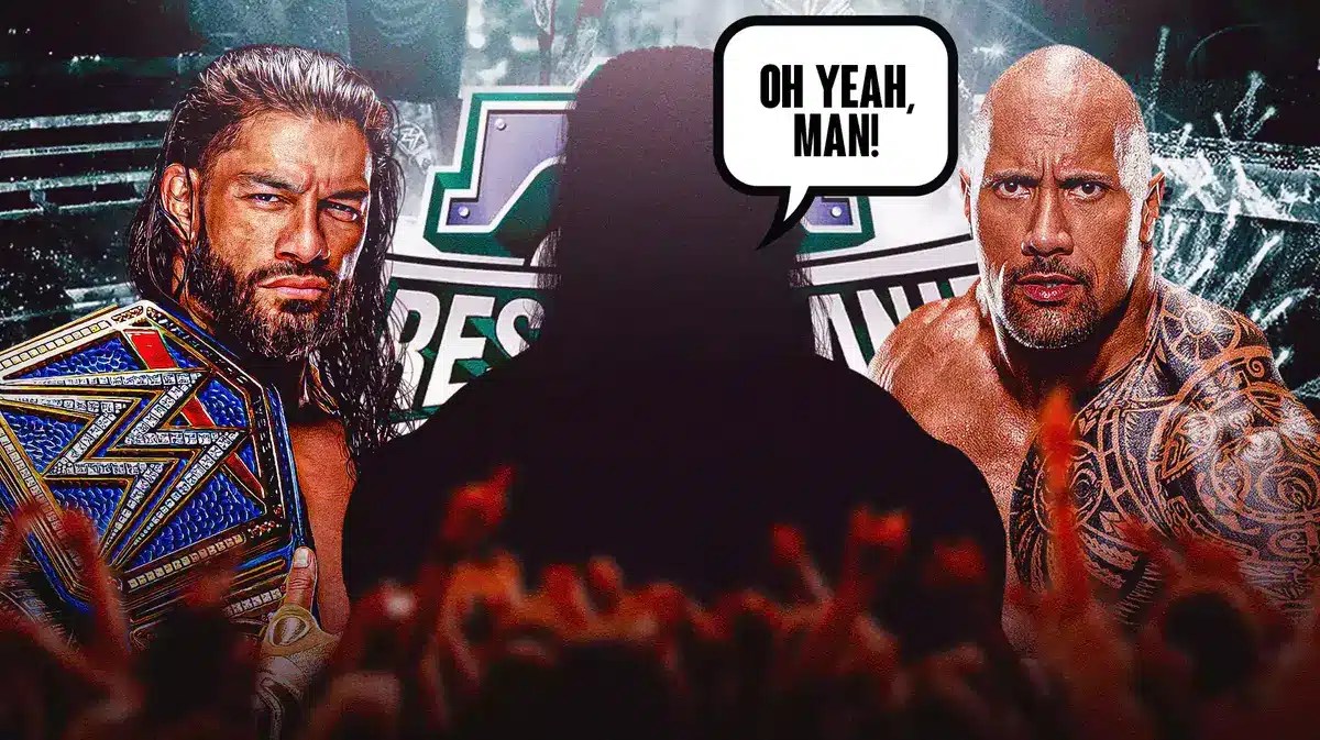The blacked-out silhouette of Roman Reigns with a text bubble reading “Oh yeah, man!” with Roman Reigns on his left and The Rock on his right with the WrestleMania 40 logo as the background.