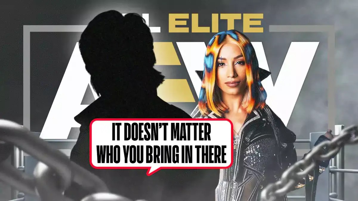 The blacked-out silhouette of Eric Bischoff with a text bubble reading “It doesn’t matter who you bring in there” next to Mercedes Mone with the AEW logo as the background.