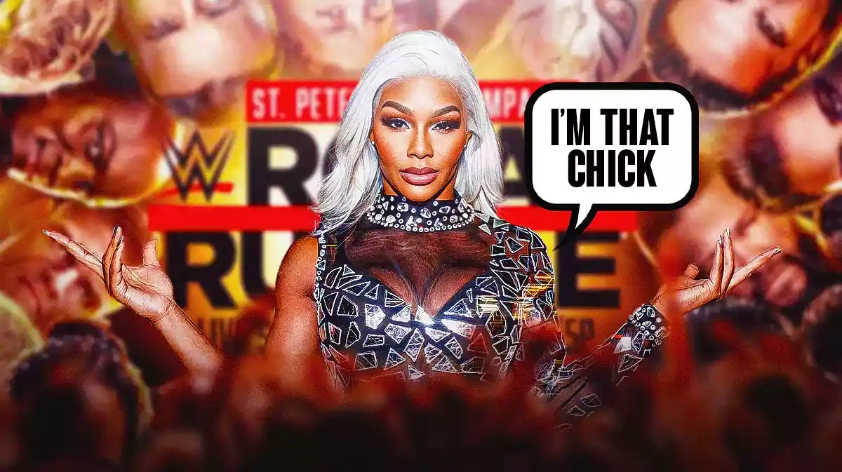 Jade Cargill with a text bubble reading “I’m that chick” with the 2024 Royal Rumble logo as the background.