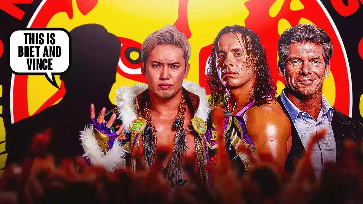 The blacked-out silhouette of Kevin Kelly with a text bubbe reading “This is Bret and Vince” next to Kazuchika Okada, Vince McMahon and Bret Hart with the New Japan Pro Wrestling logo as the background.