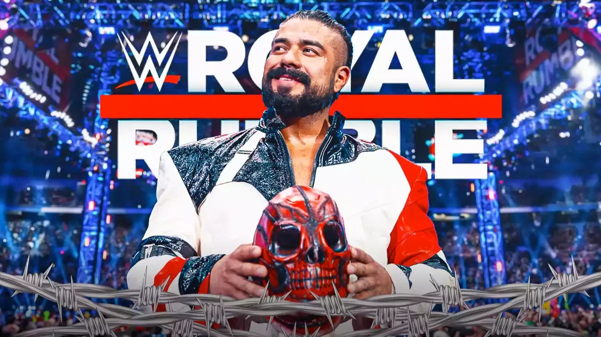 Andrade El Idolo with the Royal Rumble logo as the background.