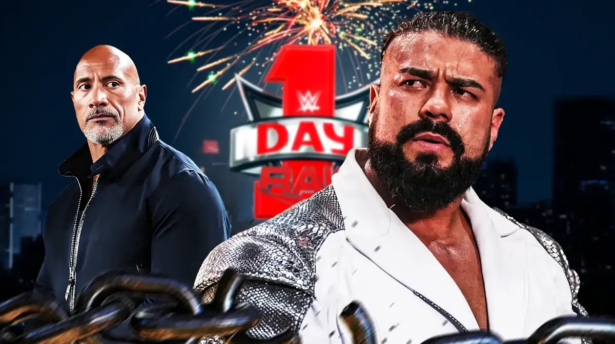 Andrade El Idolo next to Dawyne “The Rock Johnson” with the RAW Day 1 logo as the background.