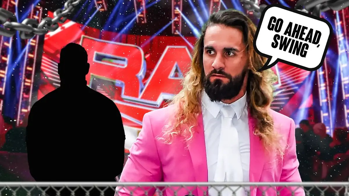 Seth Rollins with a text bubble reading “Go ahead, swing” next to the blacked-out silhouette of Jinder Mahal with the RAW logo as the background.