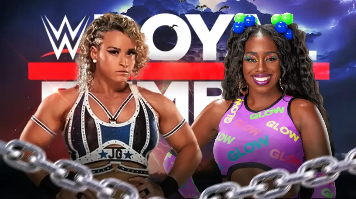 Jordynne Grace and Naomi standing in front of the 2024 Royal Rumble logo.