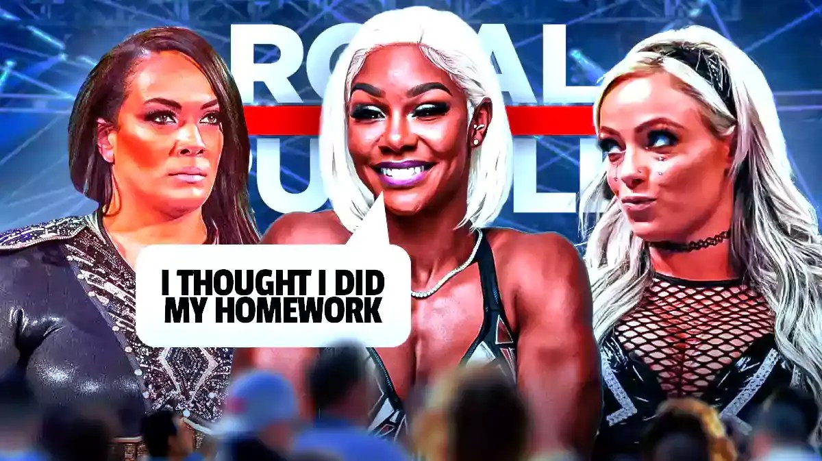 Jade Cargill with a text bubble reading “I thought I did my homework” with Nia Jax on her left and Liv Morgan on her right with the 2024 Royal Rumble logo as the background.