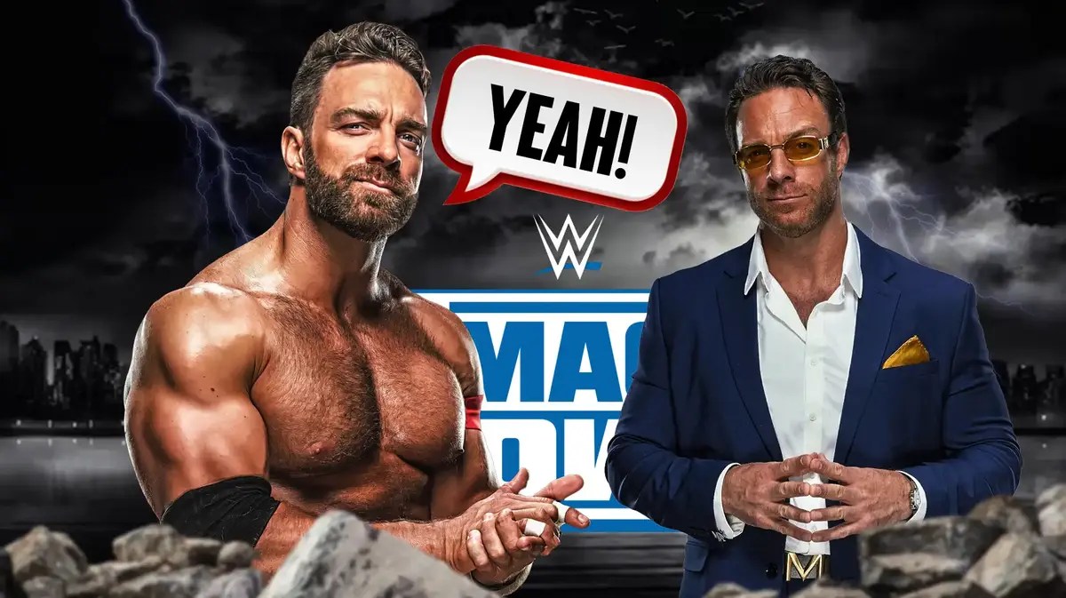 LA Knight with a text bubble reading “Yeah!” next to Max Dupri with the SmackDown logo as the background.