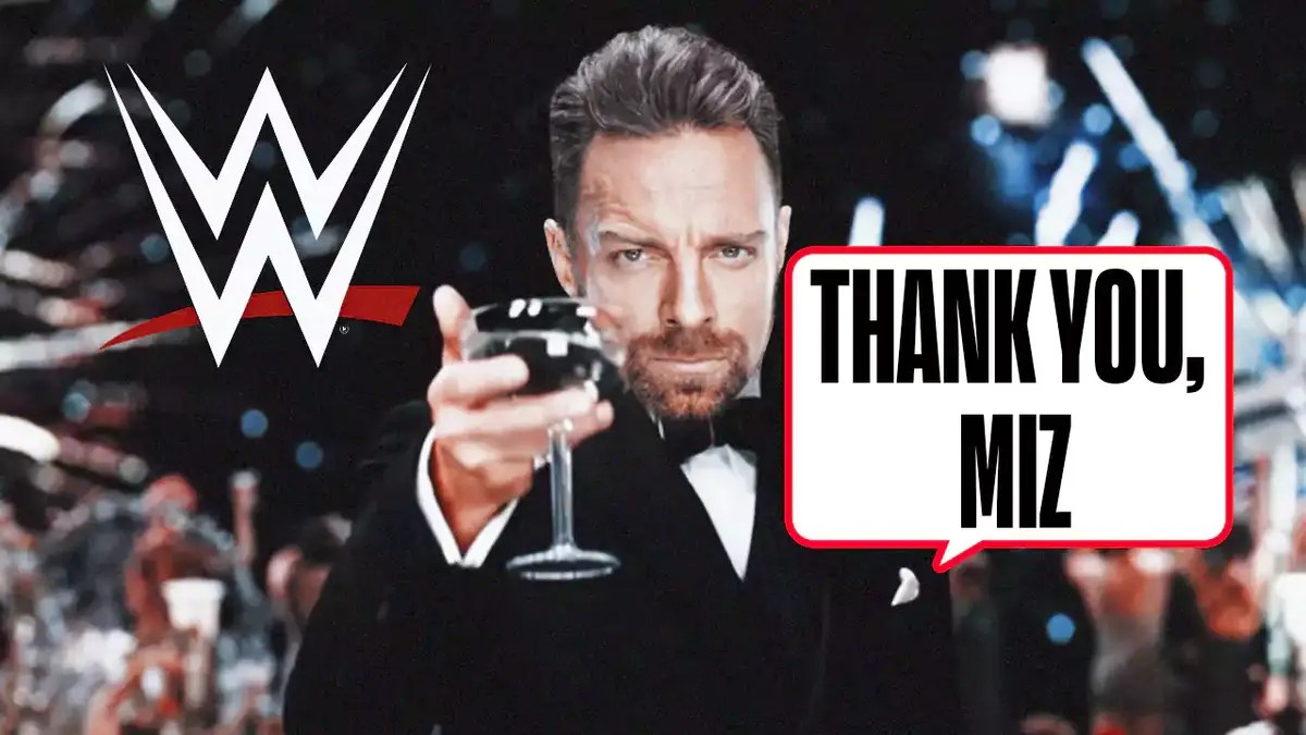 LA Knight’s head of Leonardo DiCaprio’s body from the Great Gatsby with a text bubble reading “Thank you, Miz” with the WWE logo in the background.