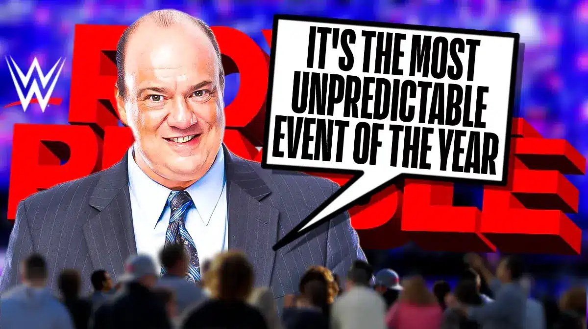 Paul Heyman with a text bubble reading It's the most unpredictable event of the year” with the 2024 Royal Rumble logo as the background.