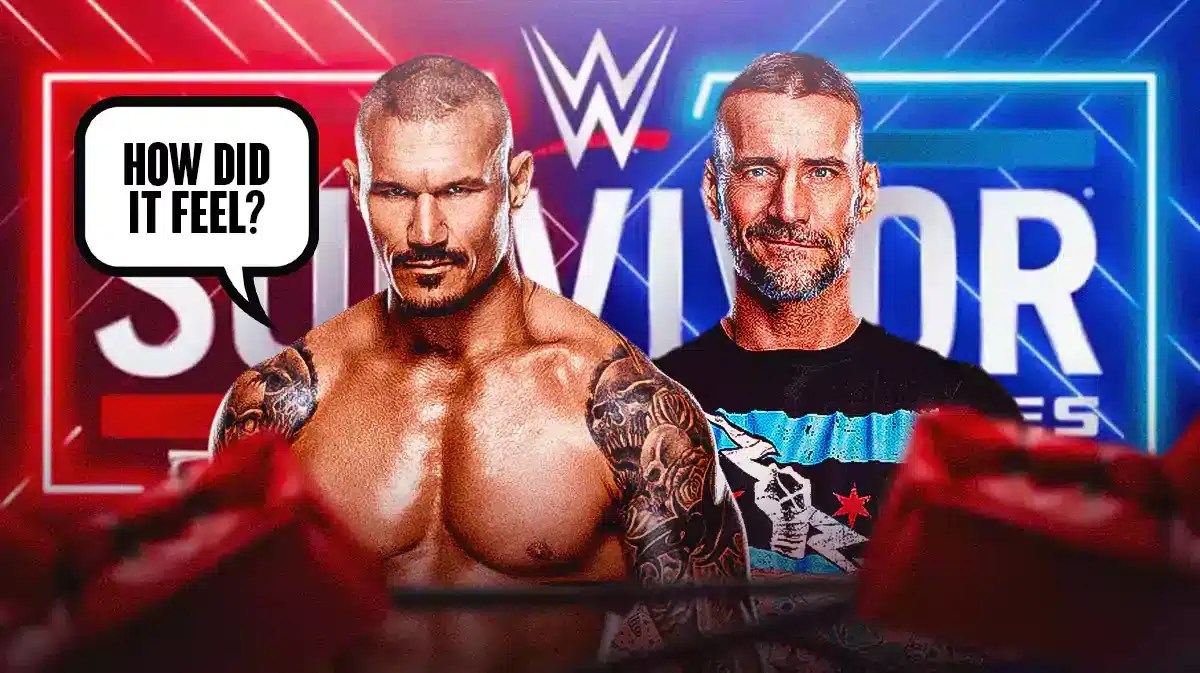Randy Orton with a text bubble reading “How did it feel?” next to CM Punk with the WWE Survivor Series 2023 logo as the background.