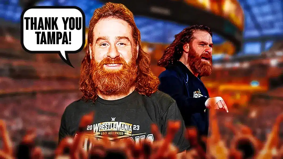 Sami Zayn with a text bubble readying “Thank you Tampa!” in a WWE ring in front of a giant WWE crowd.