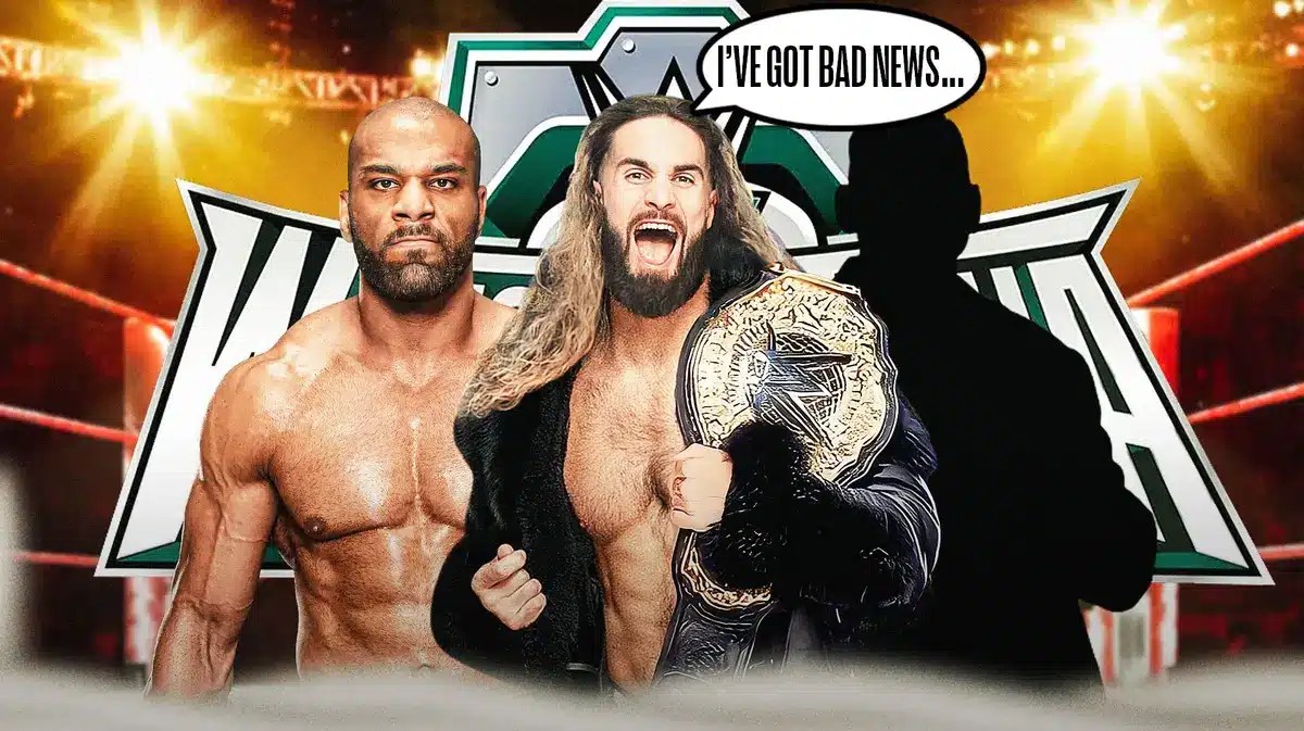 Seth Rollins with a text bubble reading “I’ve got bad news…” next to Jinder Mahal and the blacked-out silhouette of Gunther with the WrestleMania 40 logo as the background.