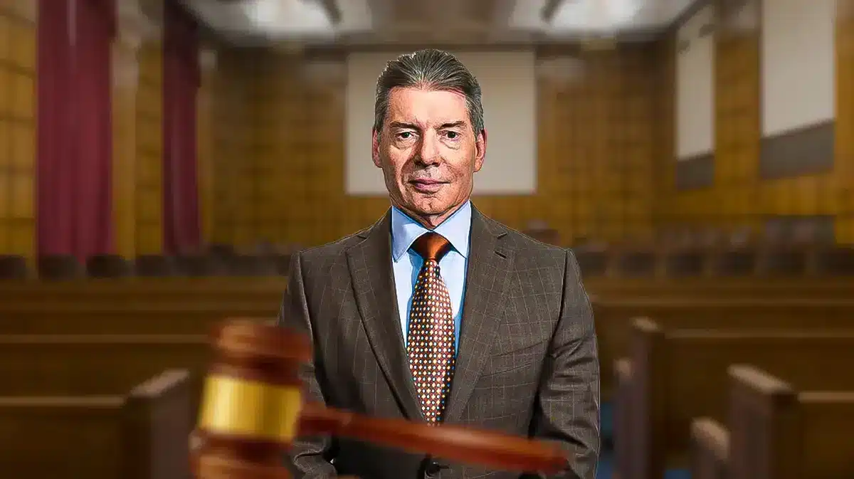 WWE founder Vince McMahon with courtroom background.