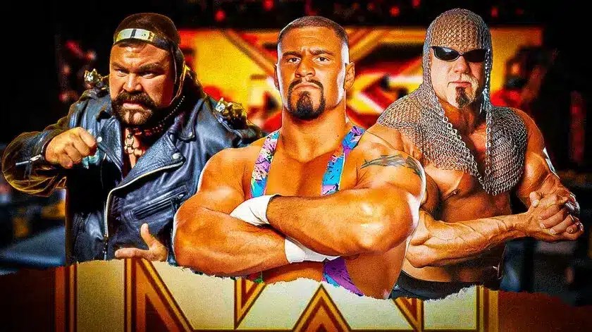 Bron Breakker in the middle with Scot Steiner on his left, Rick Steiner on his right and the NXT logo as the background.