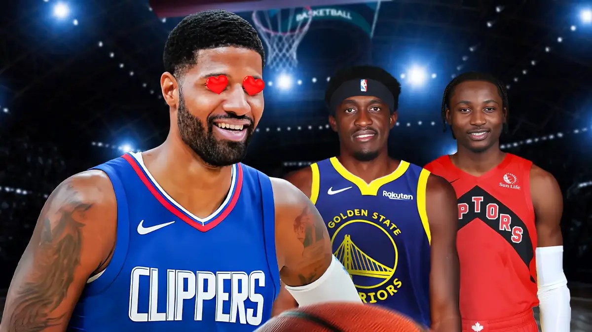 Clippers' Paul George heart eyes towards Pascal Siakam in Warriors uni and Jonathan Kuminga in Raptors uni
