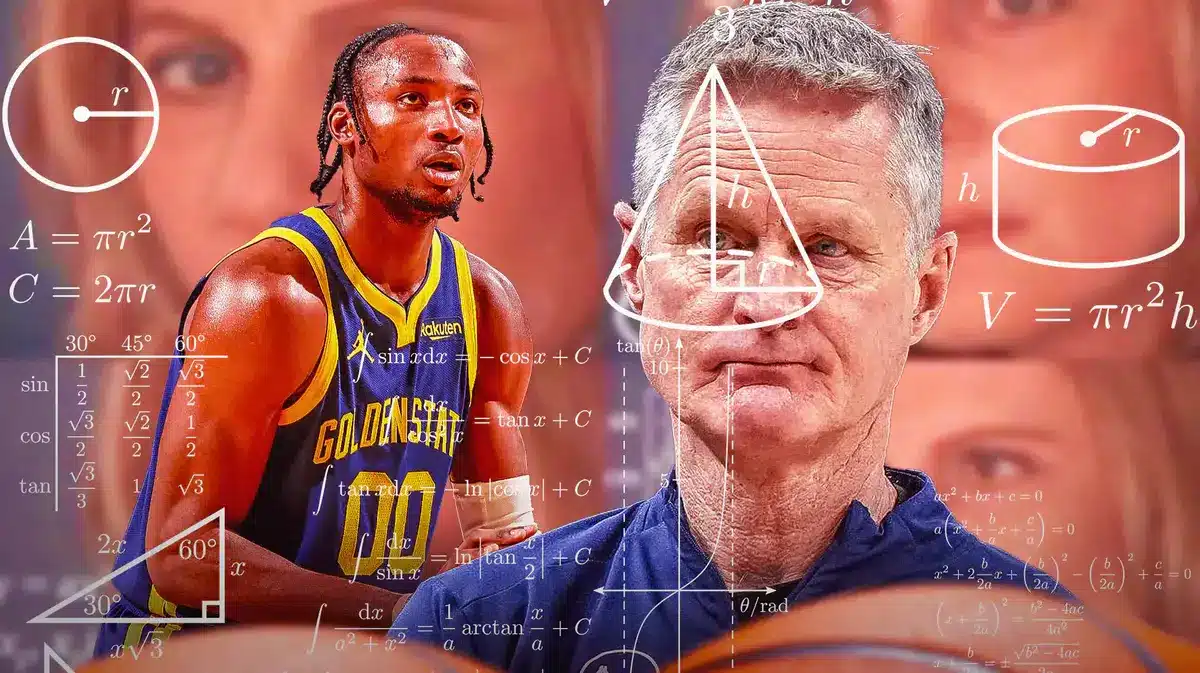 Warriors' Steve Kerr in the lady with math equations meme, with Jonathan Kuminga looking at him in confusion